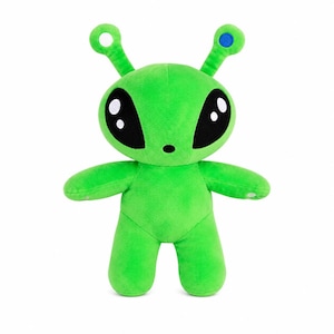 May include: A bright green plush alien toy featuring a large rounded head with two antennae, one of which has a small blue circular detail. The alien has oversized black almond-shaped eyes with white highlights, a small black nose, and short limbs.