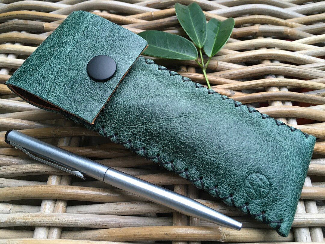 Handmade in UK Soft Leather Mid Green Pen Holder Pen Pouch Pen Case