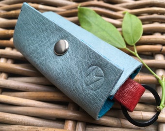 Handmade in UK SMALL soft leather blue and red key holder key case UNISEX Gift for Her Gift for Him