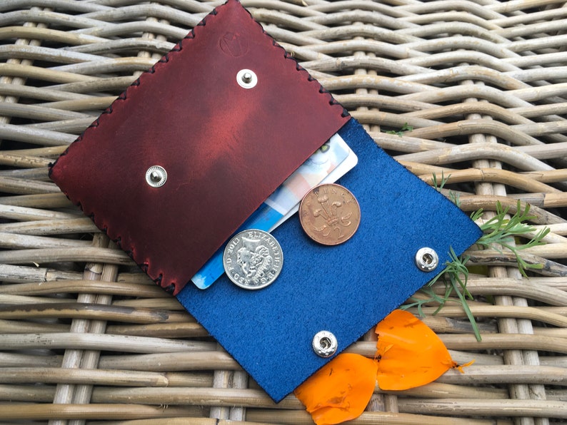 Handmade handstitched 2-colour navy blue and red leather ladies money coin purse Gift for HER Can be Personalised