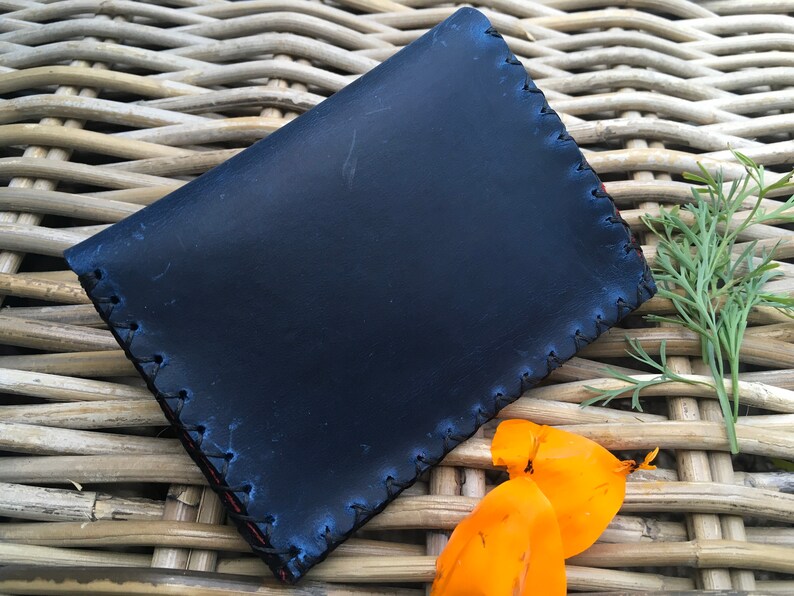 Handmade handstitched 2-colour navy blue and red leather ladies money coin purse Gift for HER Can be Personalised