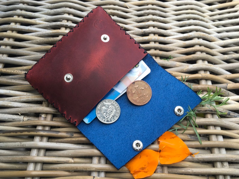 Handmade handstitched 2-colour navy blue and red leather ladies money coin purse Gift for HER Can be Personalised