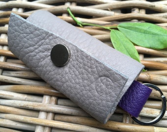 Handmade in UK MEDIUM soft leather taupe grey and purple key holder key case UNISEX Gift for Her Gift for Him