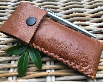 Handmade in UK brown dark tan leather pen holder pen case pen pouch Unisex Gift for Her Gift for Him