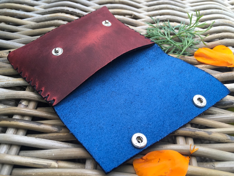 Handmade handstitched 2-colour navy blue and red leather ladies money coin purse Gift for HER Can be Personalised