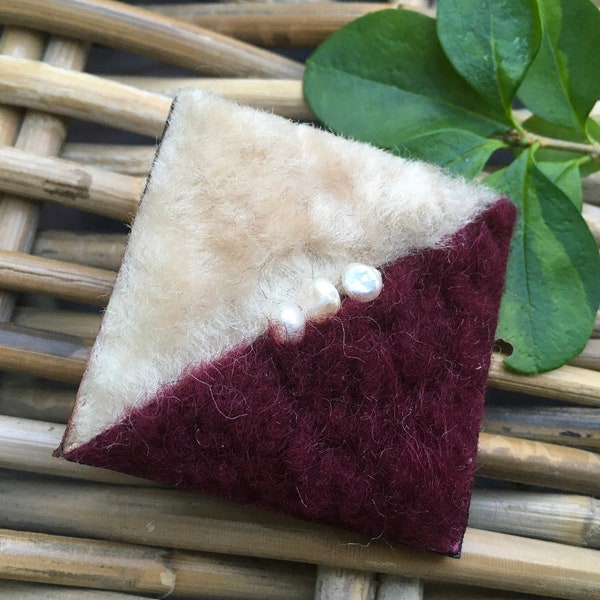 Handmade in UK 2-colour beige/bordeaux burgundy all leather/shearling/wool Artisan brooch with waterfresh pearls Gift for Her