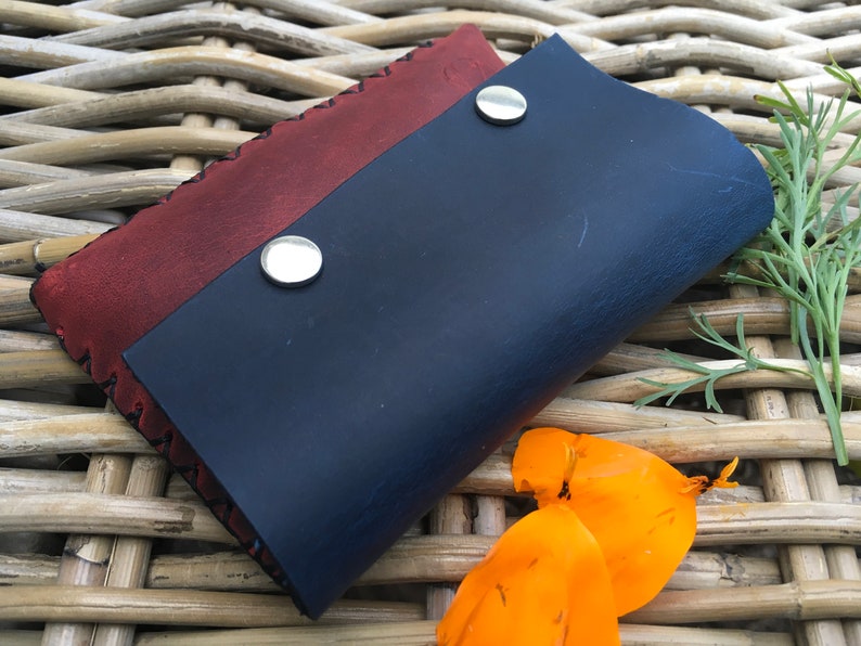 Handmade handstitched 2-colour navy blue and red leather ladies money coin purse Gift for HER Can be Personalised