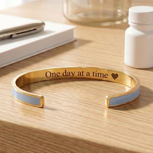 One Day at a Time Enamel Cuff Bracelet, Gold Engraved Stainless Steel Bangle, Recovery Gift