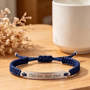 This Too Shall Pass Bracelet, Mantra Bar Jewelry, Braided Rope, Inspirational Gift for Her
