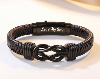 Bracciale in pelle personalizzato con nodo infinito, gioiello con incisione personalizzata, regalo di laurea per figlio