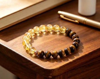 Handgefertigtes Tigerauge Citrin Armband, Reichtum Schutz Kristall Schmuck