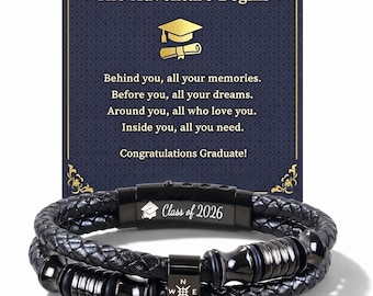 Class of 2026 Leather Compass Bracelet, Graduation Gift for Him