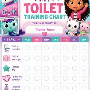 以下が含まれることがあります： カラフルな「My Toilet Training Chart」には、Gabby's Dollhouseのキャラクターが登場します。このチャートには、進捗状況を追跡するためのスペースがあり、「トイレに座った」や「手を洗った」などのプロンプトがあります。名前を書くスペースがあります。