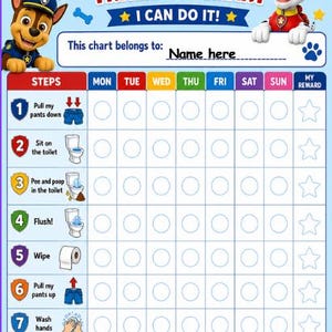 May include: A Paw Patrol themed toilet training chart featuring Chase and Marshall characters. The chart includes seven steps with icons, a weekly tracking grid for Monday through Sunday, a reward column, and text reading TOILET TRAINING CHART I CAN DO IT!