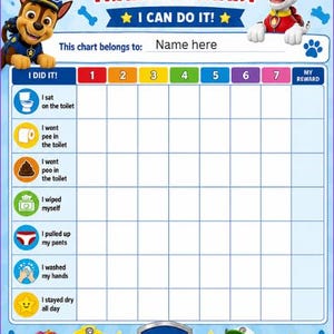 May include: A Paw Patrol themed toilet training chart featuring characters Chase and Marshall. The chart includes a grid for tracking daily tasks like sitting on the toilet, wiping, and washing hands, with a space for a name and a reward section.