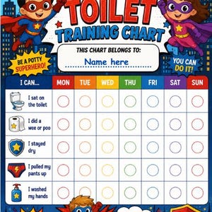 May include: A colorful toilet training chart with superhero graphics. The chart includes sections for tracking progress with prompts like "I sat on the toilet" and "I washed my hands." The text "My Toilet Training Chart" is prominently displayed.