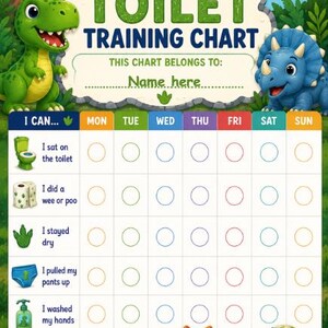 May include: A colorful toilet training chart with dinosaur illustrations. The chart includes sections for tracking progress with prompts like "I sat on the toilet" and "I washed my hands." The text "MY TOILET TRAINING CHART" is displayed at the top.