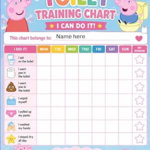 May include: A Peppa Pig toilet training chart with the text "TOILET TRAINING CHART I CAN DO IT!" and "Name here". The chart includes spaces for tracking progress and a "My Reward" section. Features Peppa Pig characters and a "YOU'RE A SUPER STAR!" message.