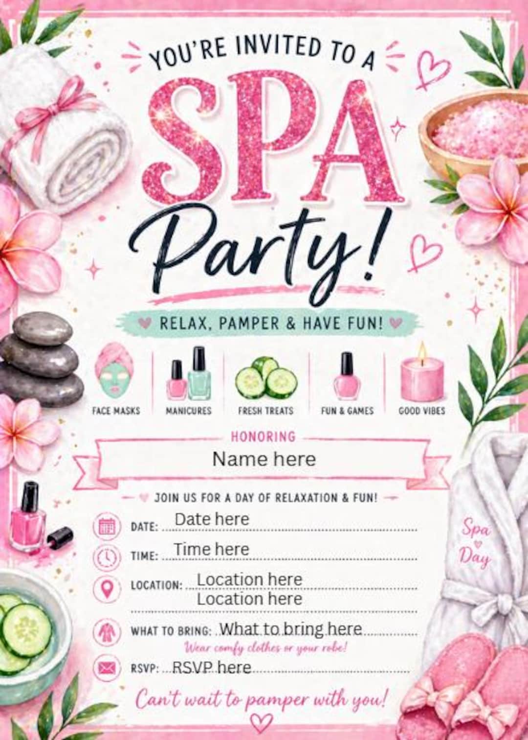 Editable Spa Birthday Party Invitation / Canva Template / Instant ...