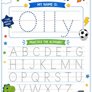 Puede incluir: Una hoja de trabajo educativa titulada LET'S PRACTICE OUR ABCs! que incluye un área de líneas punteadas para escribir el nombre Olly, el alfabeto completo en letras punteadas para trazar, un dinosaurio verde, un camión monstruo azul, un balón de fútbol y un cohete.