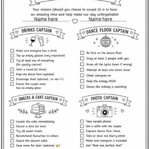 Puede incluir: Una lista de verificación de la fiesta de bodas en blanco y negro con el texto "YOU HAVE BEEN CHOSEN!" y roles para los capitanes de bebidas, pista de baile, bocadillos y pasteles, y fotos. Incluye casillas de verificación para las tareas de cada rol.
