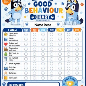 Puede incluir: Una tabla de comportamiento azul claro titulada My Good Behaviour Chart con dos perros azules, una cuadrícula semanal para tareas como escuchar y ordenar, un espacio para un nombre y una sección de recompensa con un trofeo dorado y estrellas.