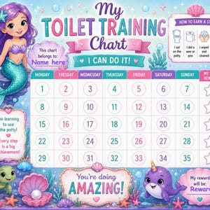 May include: A colorful toilet training chart featuring a mermaid, a turtle, and a narwhal in an underwater theme. The chart includes a grid numbered 1 to 35, a section for a name, instructions on how to earn a star, and the text My Toilet Training Chart.