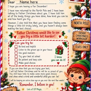 May include: A letter from Father Christmas's Elf featuring a checklist for good behavior, decorated with festive illustrations of a smiling elf, wrapped gifts, pine branches, a lantern, and a North Pole postmark stamp on a parchment-style background.