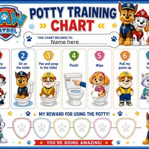 Peut inclure: Un tableau d'apprentissage de la propreté Paw Patrol illustré avec les personnages de la série et sept étapes numérotées pour la toilette. Il comprend un espace pour un nom, une section de récompense avec des empreintes et le texte : Potty Training Chart.