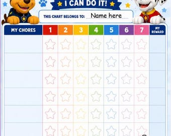 May include: A Paw Patrol themed chore chart featuring Chase, Marshall, Skye, and Rocky. The chart includes the text MY CHORE CHART, I CAN DO IT!, THIS CHART BELONGS TO: Name here, MY CHORES, MY REWARD, and GREAT JOB! YOU'RE AMAZING! with star icons.