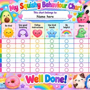 Beteendediagram för Squishy Kids | Laminerad veckovis belöningsspårare (torrservett)