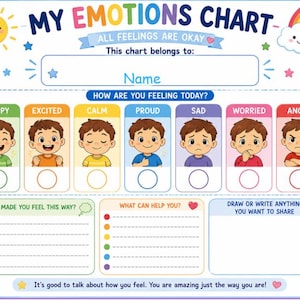 May include: A rectangular My Emotions Chart featuring a sun, rainbow, and seven illustrated characters representing happy, excited, calm, proud, sad, worried, and angry states. The chart includes sections for a name, feelings, and writing prompts.