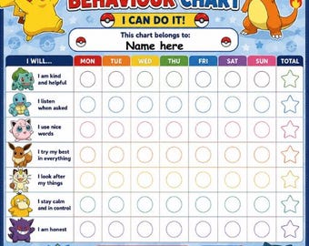 May include: A Pokémon Behaviour Chart featuring Pikachu and Charmander at the top. The chart includes a section for a name, a grid for days of the week with tasks illustrated by characters like Bulbasaur and Squirtle, and a Snorlax at the bottom.