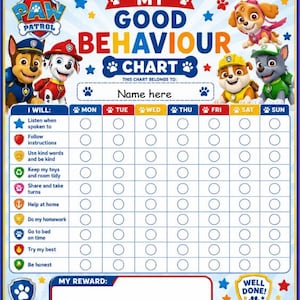 Könnte beinhalten: Ein Paw Patrol Belohnungsplan mit den Charakteren Chase, Marshall, Skye, Rubble und Rocky. Das Diagramm enthält ein Feld für einen Namen, ein Raster für die Wochentage, eine Aufgabenliste mit Symbolen sowie einen Bereich für Belohnungen und Lob.