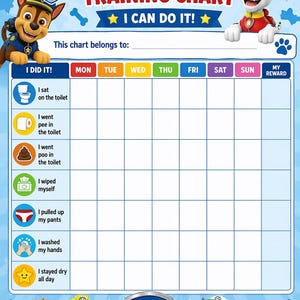 Op de afbeelding: Een Paw Patrol zindelijkheidstraining-kaart met een blauwe achtergrond, met de personages Chase en Marshall bovenaan. De kaart bevat kolommen voor de dagen van de week en rijen voor taken zoals op het toilet zitten, met ruimte voor een naam.