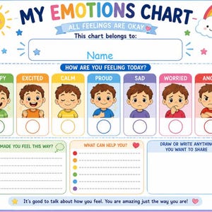 May include: A rectangular My Emotions Chart featuring a sun, rainbow, and seven illustrated characters representing happy, excited, calm, proud, sad, worried, and angry states. The chart includes sections for a name, feelings, and writing prompts.