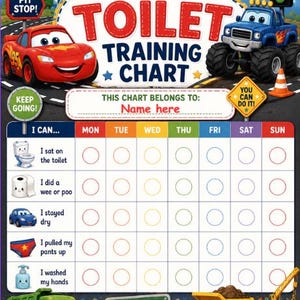 Może przedstawiać: Kolorowy wykres treningu czystości dla dzieci z kreskówkowymi pojazdami i tekstem "My Toilet Training Chart". Wykres zawiera miejsca do śledzenia postępów, z podpowiedziami takimi jak "Usiadłem na toalecie" i "Umyłem ręce."