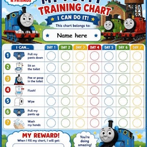 May include: A Thomas & Friends My Potty Training Chart featuring Thomas the Tank Engine, Percy, and James. The chart includes a seven-day grid for tracking tasks like pulling pants down, sitting on the toilet, flushing, and washing hands, with a reward section.