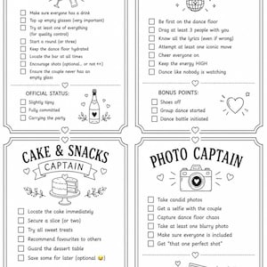 May include: Black and white wedding party duty cards. The cards include duties for the Drinks Captain, Dance Floor Captain, Cake & Snacks Captain, and Photo Captain. Each card has a list of duties and decorative hearts.