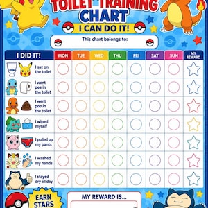 May include: A blue Pokémon toilet training chart featuring Pikachu and Charmander at the top. The chart includes columns for days of the week, rows for tasks like I sat on the toilet, I went pee, I went poo, I wiped myself, I pulled up my pants, I washed my hands, and I stayed dry all day, with a section for rewards.