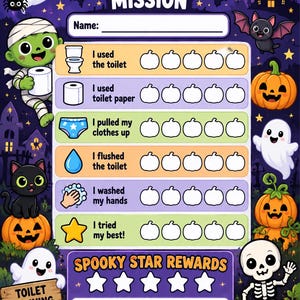 May include: A Halloween-themed toilet training chart titled My Spooky Toilet Training Mission with a name field, six task rows featuring icons and pumpkin checkboxes, a Spooky Star Rewards section, and a space for a Halloween reward.