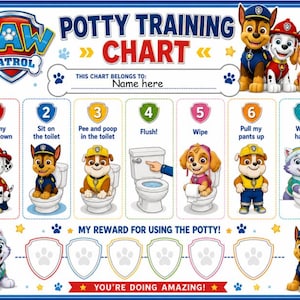 May include: A Paw Patrol potty training chart featuring seven numbered steps with cartoon characters, including instructions like Pull my pants down, Sit on the toilet, Flush, Wipe, and Wash hands, with a section for rewards and a space for a name.