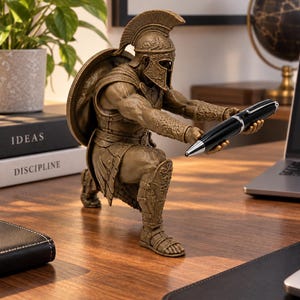 Könnte beinhalten: Eine bronzefarbene Figur eines knienden Kriegers mit Helm und Rüstung, der einen schwarzen und silbernen Kugelschreiber mit beiden Händen hält. Der Krieger befindet sich in einer Ausfallschritt-Pose und zeigt detaillierte Gravuren auf dem Schild.