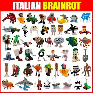 May include: A selection of quirky figurines, featuring a variety of objects and creatures with expressive faces. The collection includes animals, food items, and other imaginative designs. The text "ITALIAN BRAINROT" is displayed in a red banner at the top.