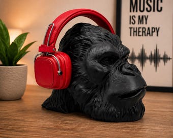 Supporto per cuffie a forma di testa di gorilla nera – Supporto per cuffie da gaming e musicali, organizer da scrivania, decorazione moderna, regalo per gamer