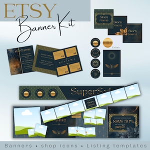 Op de afbeelding: Een digitale Etsy bannerkit met donkerblauwe en gouden sjablonen, inclusief winkeliconen, listing-sjablonen en banners. De tekst bevat "ETSY Banner Kit," "Store Name," "How it works," "REVIEWS," "SuperSale," en "SAVE 50% party50."