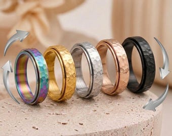 Hammered Titanium Spinner Ring | Rotatable Anxiety Ring for Women Men | Fidget Ring | Moonpit Pattern Stress Relief Ring | Anxiety Jewelry