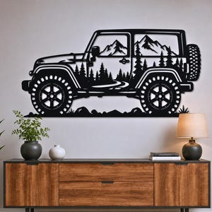 Jeep Wrangler SVG DXF-fil, terrängbilsmetallväggkonst, bergsskogsscen laserskuren fil, CNC-plasmaskärningsmall, Jeep-älskarepresent