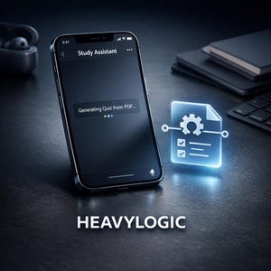 Könnte beinhalten: Ein schwarzes Smartphone, das die App "Study Assistant" anzeigt und ein Quiz aus einer PDF-Datei generiert. Ein leuchtendes blaues Symbol eines Dokuments mit Zahnrad und Häkchen befindet sich neben dem Telefon. Das Wort "HEAVYLOGIC" steht unten.