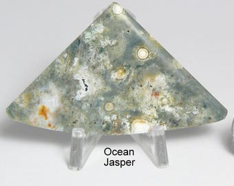 Ocean Jasper cabochon, 58 x 35 x 7 mm, natural colors, pits on the back, no fractures, 1200 diamond grit mirror finish, with stand (25192)